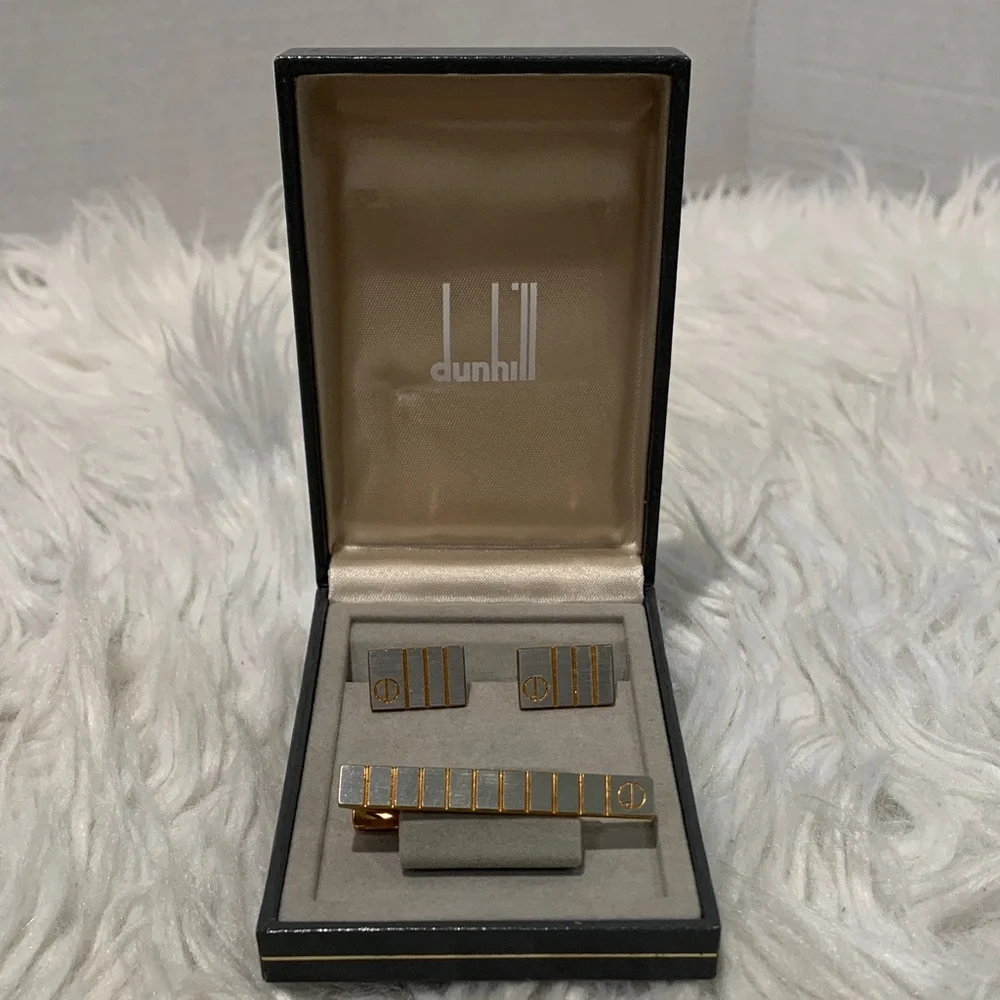 DUNHILL Silver and Gold Tone Cufflinks with Matching Tie Clip Vintage